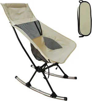 Camping Rocking Chair, High Back Rocker Chair with Carry Bag, Lightweight & Portable Quad Arm Lawn Chair with Breathable Mesh for Beach, Lawn, Travel, Fishing, Patio, Support 200 LBS, Beige