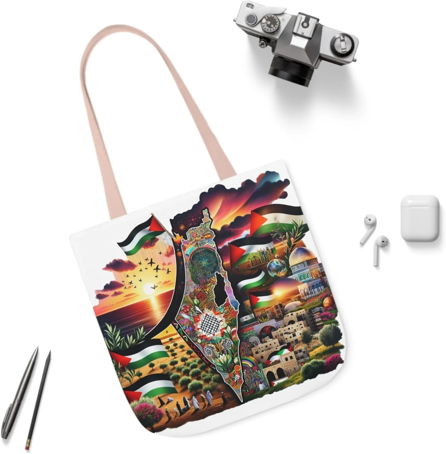 Canvas Tote Bag, Free Palestine Map Flag Art, Pro-Palestinian Carryall, Activist Shoulder Bag, Political Statement Tote,