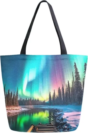 Canvas Tote Bag Norway Aurora Landscape Reusable Grocery Bag Travel Bag Handbag Top Handle Shoulder Bags Eco Friendly Tote Shopping Bag S0403337