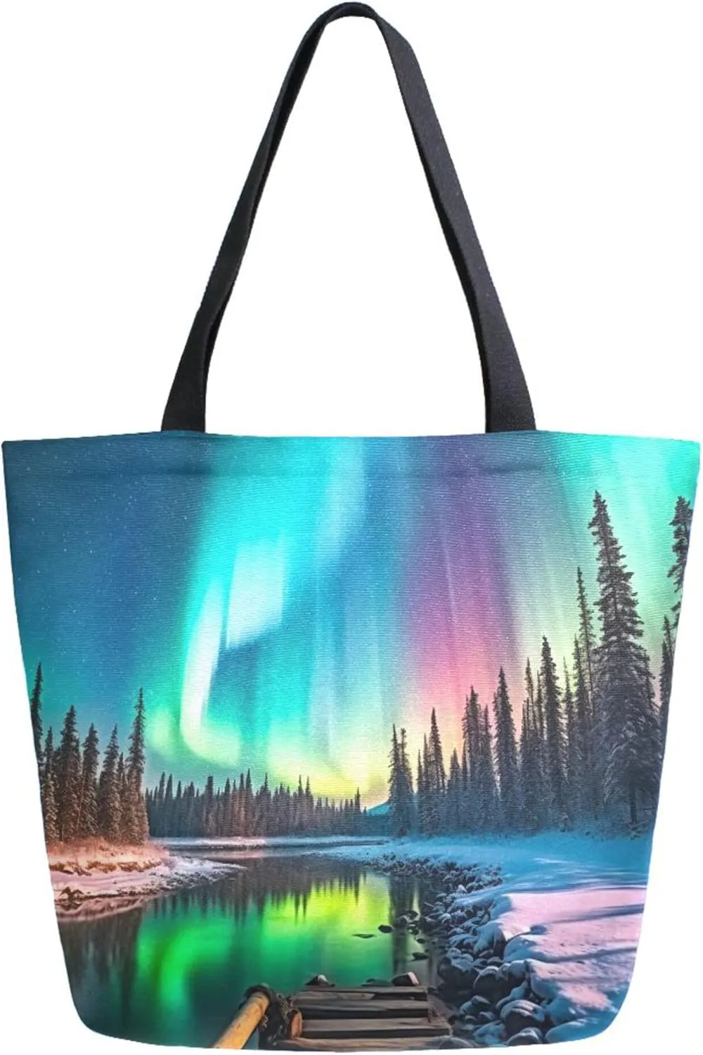 Canvas Tote Bag Norway Aurora Landscape Reusable Grocery Bag Travel Bag Handbag Top Handle Shoulder Bags Eco Friendly Tote Shopping Bag S0403337