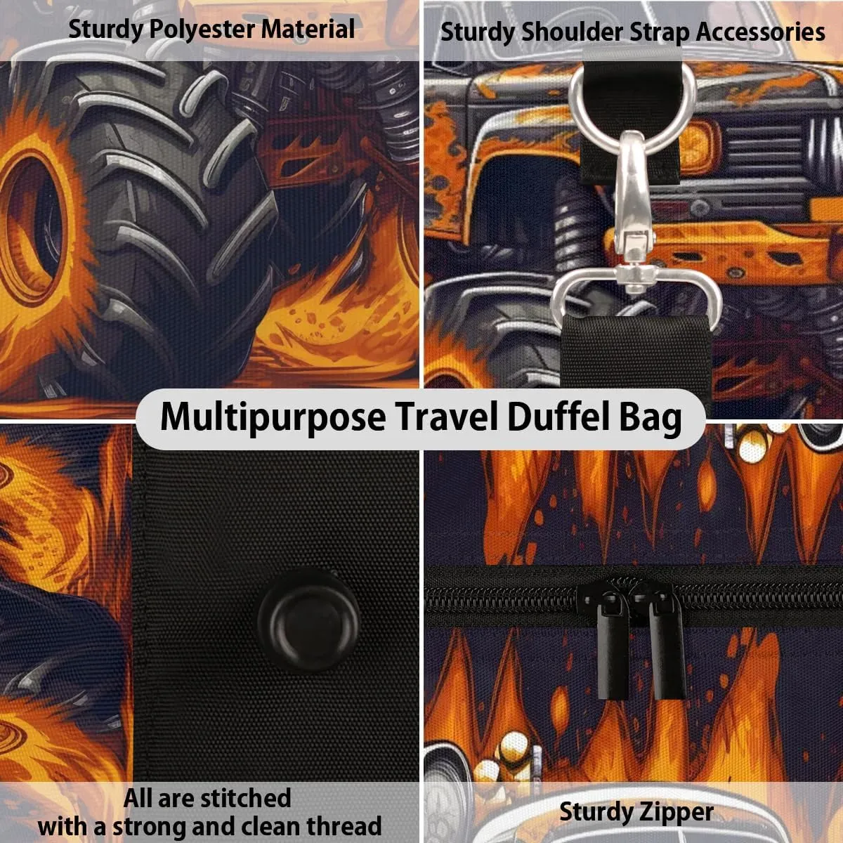 Car Monster Truck Travel Duffel Bag for Women Men Waterproof Foldable Overnight Weekender Bag Large Capacity Sports Gym Bag