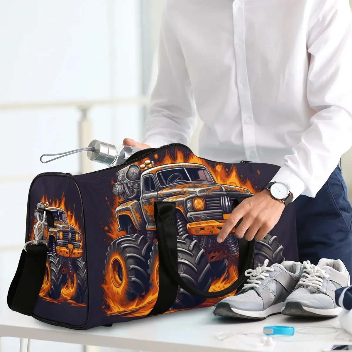 Car Monster Truck Travel Duffel Bag for Women Men Waterproof Foldable Overnight Weekender Bag Large Capacity Sports Gym Bag