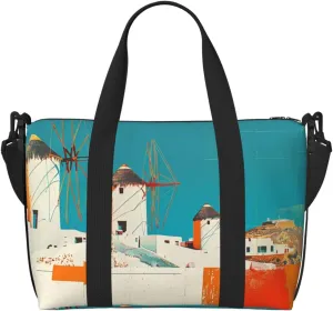Carry On Duffle Bags Overnight Weekender Bags for Women, Colorful Greek Windmills Personal Item Travel Bag, Travel Essentials Sport Gym Bag for Men Women