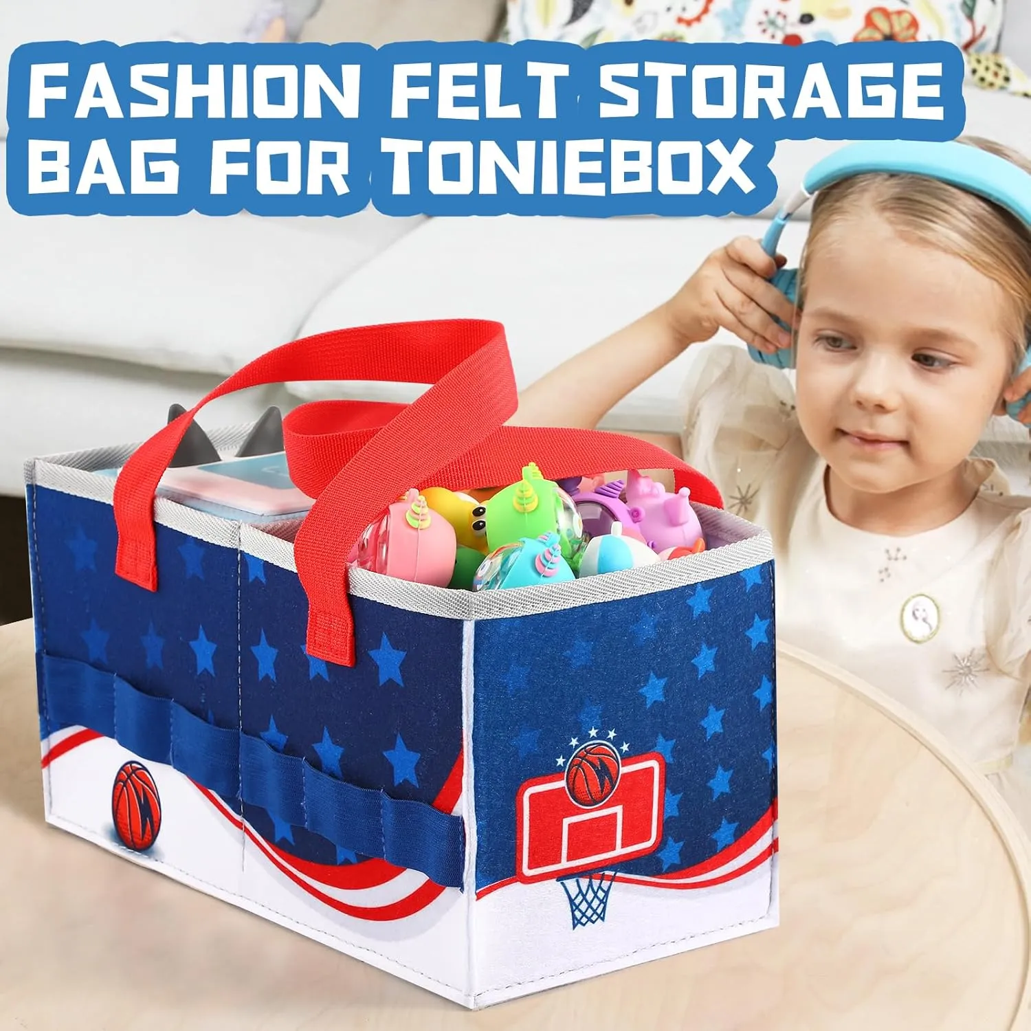 Carrying Case for Tonies Starter Set & Storage Bag for Figurine, Outdoor Handbag for Tonies Audio Player and Dolls Musical Toy Folding Case for Kids Toniebox Accessories (Basketball Pattern)
