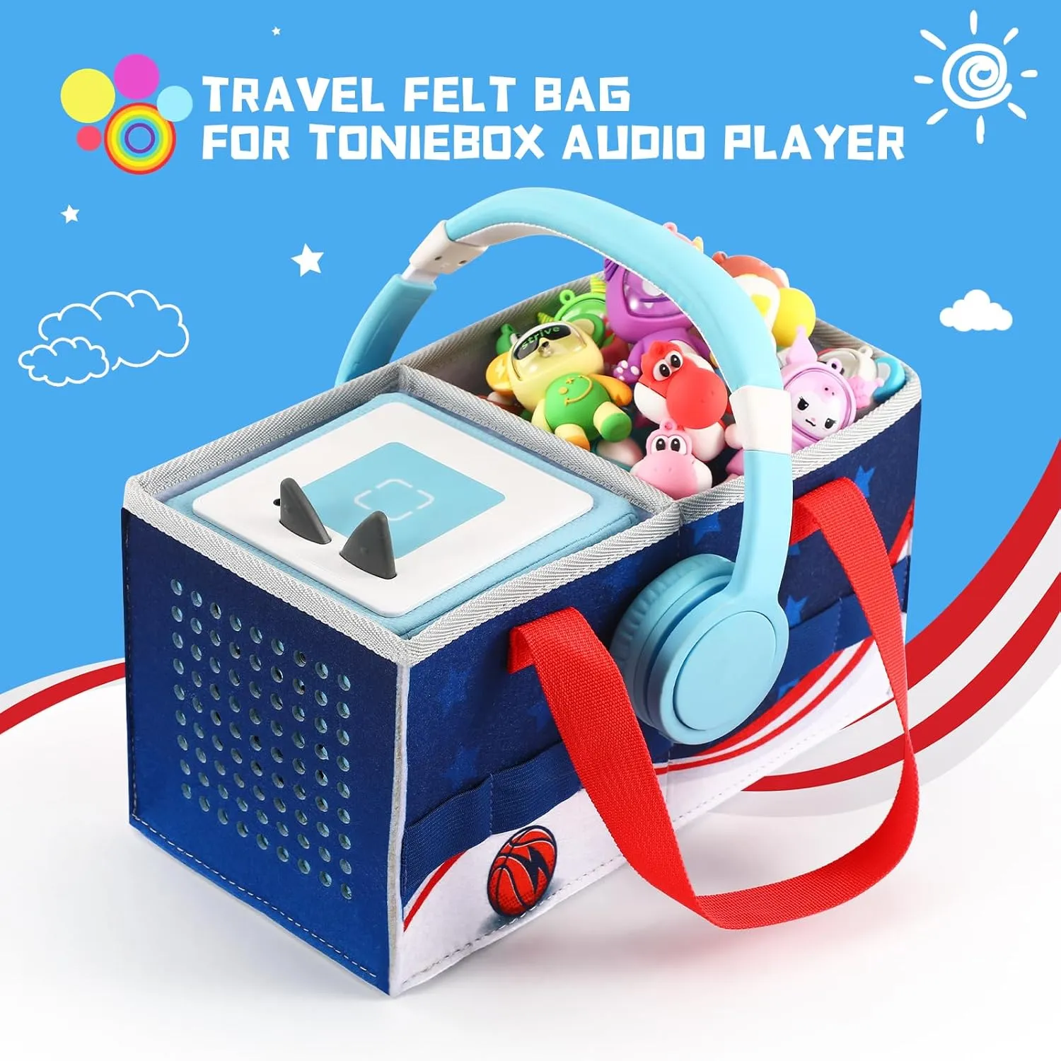 Carrying Case for Tonies Starter Set & Storage Bag for Figurine, Outdoor Handbag for Tonies Audio Player and Dolls Musical Toy Folding Case for Kids Toniebox Accessories (Basketball Pattern)