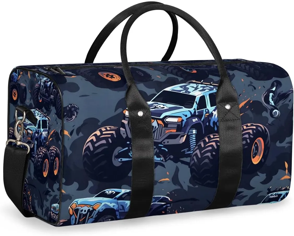 Cars Monster Trucks Travel Duffel Bag for Women Men Waterproof Foldable Overnight Weekender Bag Large Capacity Sports Gym Bag