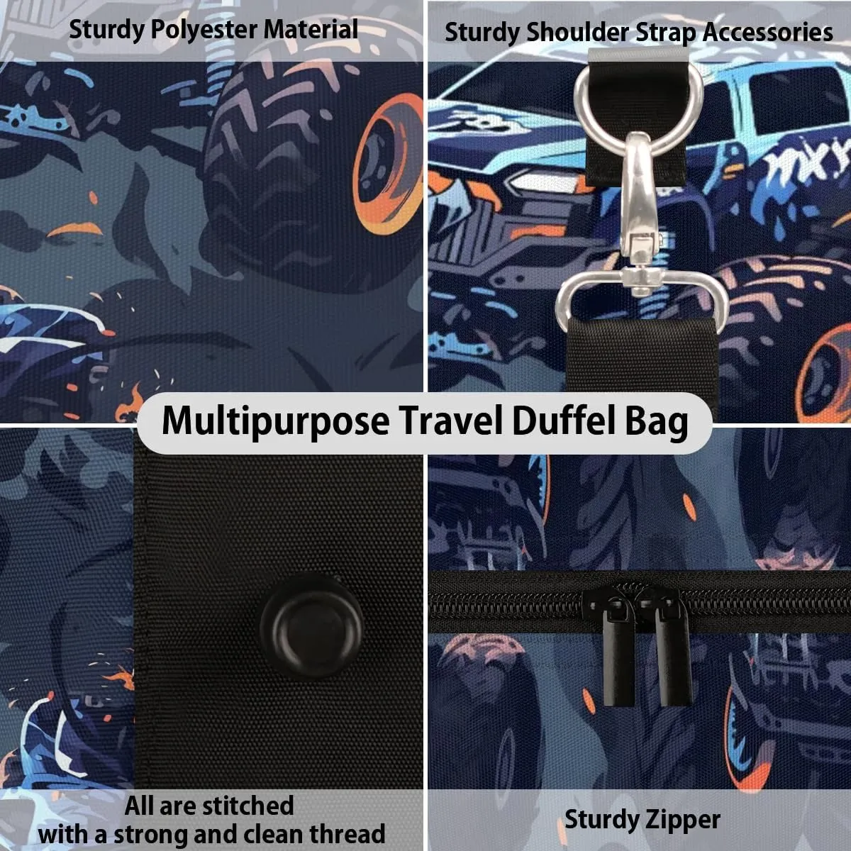 Cars Monster Trucks Travel Duffel Bag for Women Men Waterproof Foldable Overnight Weekender Bag Large Capacity Sports Gym Bag