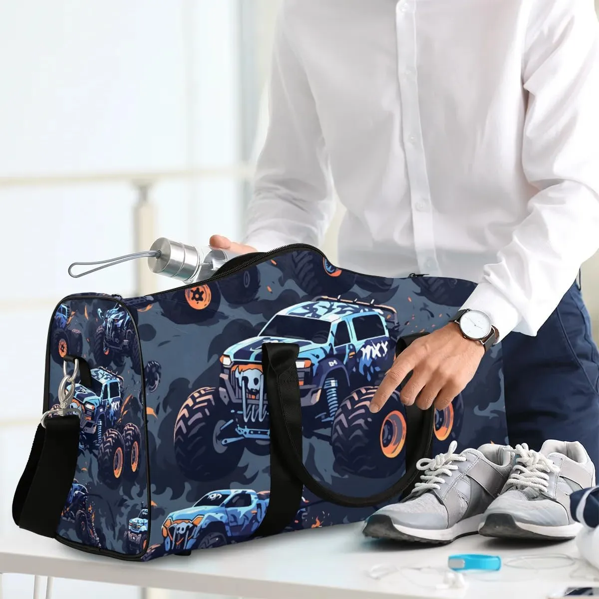 Cars Monster Trucks Travel Duffel Bag for Women Men Waterproof Foldable Overnight Weekender Bag Large Capacity Sports Gym Bag