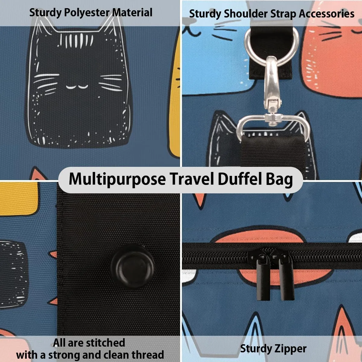 Cartoon Cats Travel Duffle Bag for Women Men Gym Duffel Foldable Bag Waterproof Weekender Cute Kitty Duffle Tote