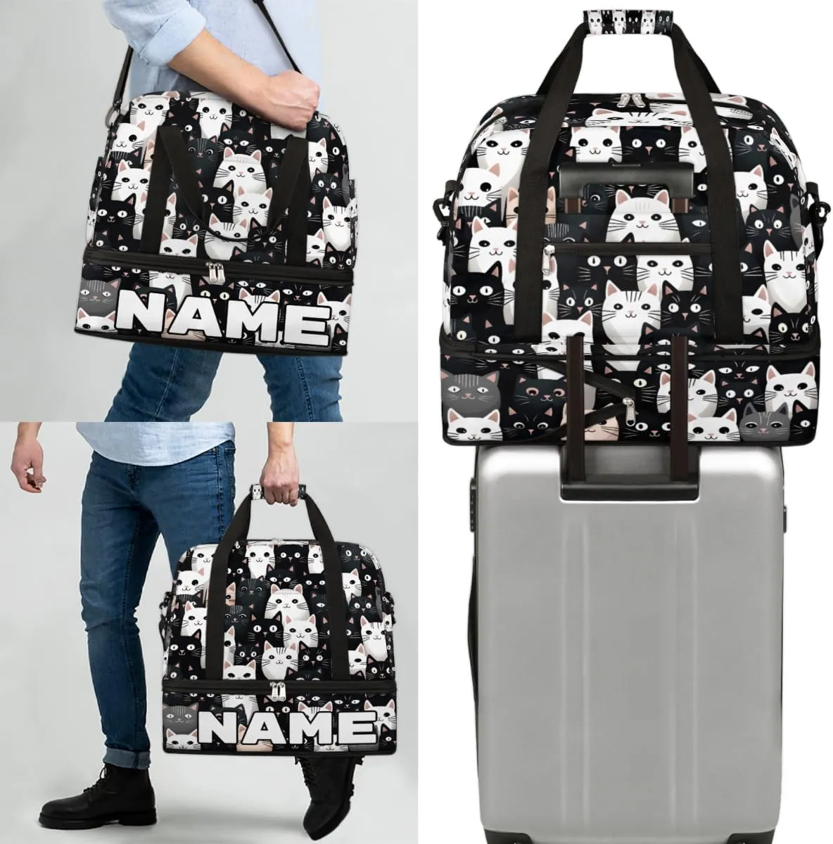 Cartoon Cute Cats Custom Foldable Duffle Bag with Shoes Compartment Personalized Large Capacity Waterproof Travel Weekender Bag Overnight Bag for Sports Gym