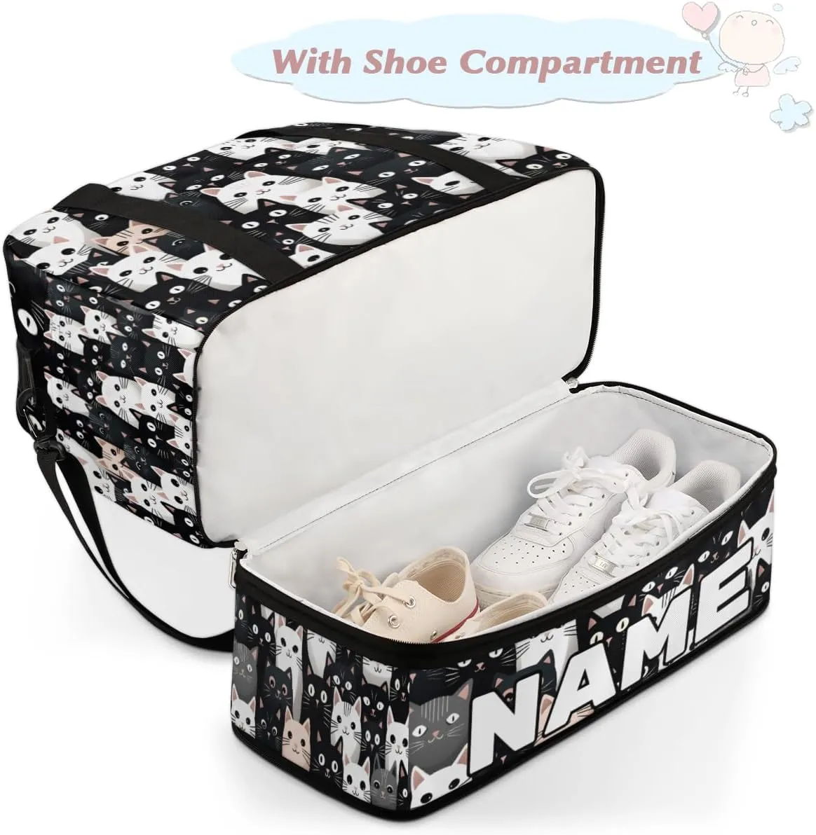 Cartoon Cute Cats Custom Foldable Duffle Bag with Shoes Compartment Personalized Large Capacity Waterproof Travel Weekender Bag Overnight Bag for Sports Gym