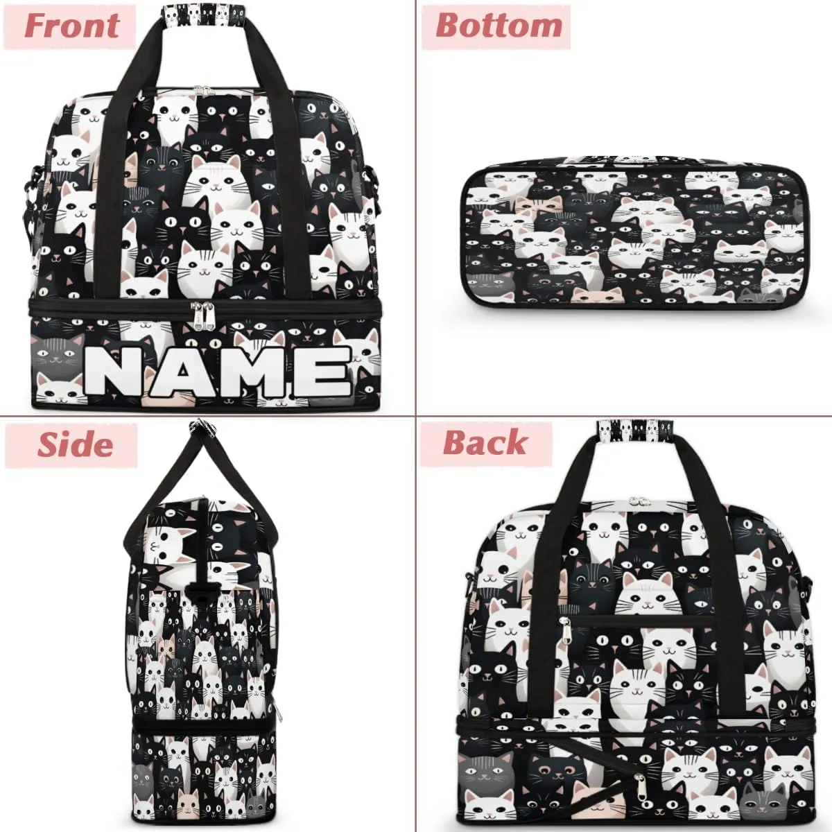 Cartoon Cute Cats Custom Foldable Duffle Bag with Shoes Compartment Personalized Large Capacity Waterproof Travel Weekender Bag Overnight Bag for Sports Gym