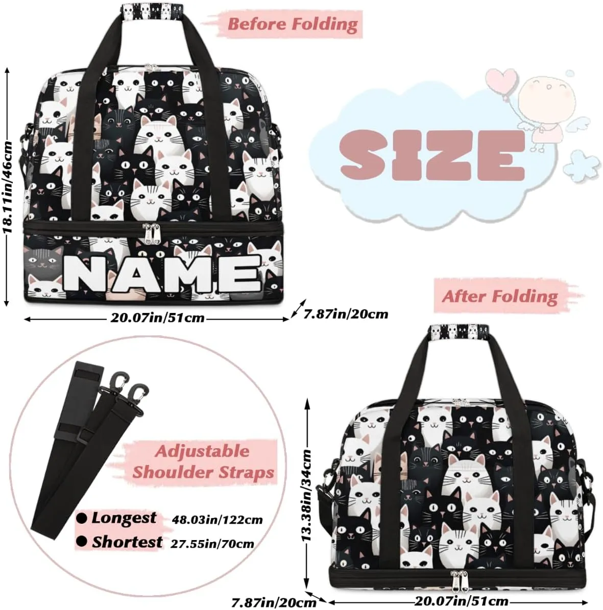 Cartoon Cute Cats Custom Foldable Duffle Bag with Shoes Compartment Personalized Large Capacity Waterproof Travel Weekender Bag Overnight Bag for Sports Gym