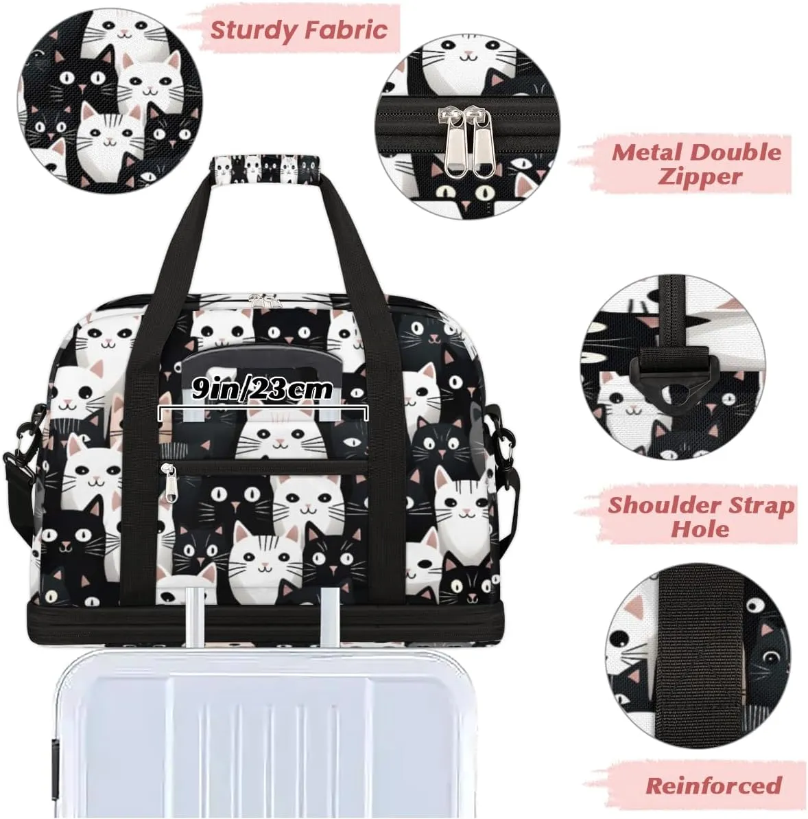 Cartoon Cute Cats Custom Foldable Duffle Bag with Shoes Compartment Personalized Large Capacity Waterproof Travel Weekender Bag Overnight Bag for Sports Gym