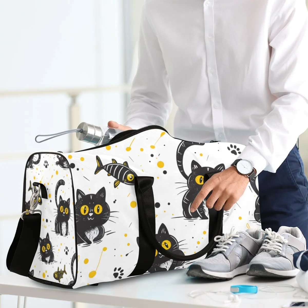 Cartoon Kitten Travel Duffle Bag for Women Men Gym Duffel Foldable Bag Waterproof Weekender Fishbone Pawprint Duffle Tote