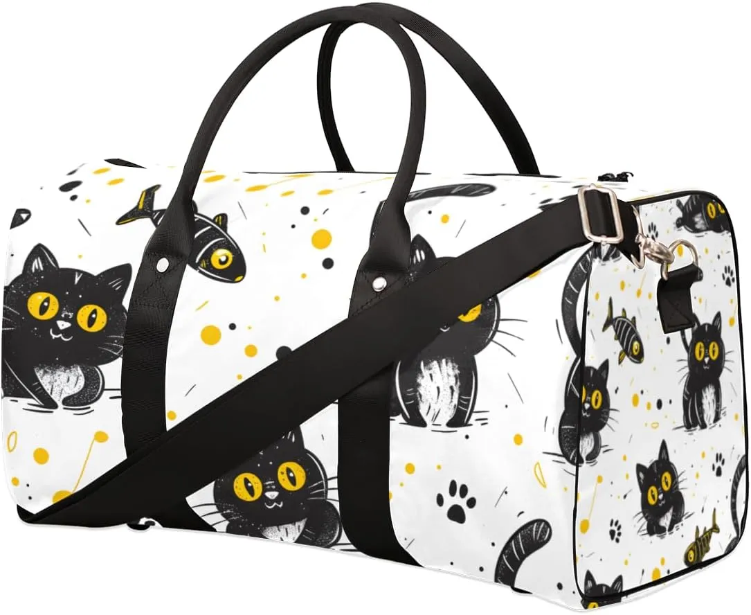 Cartoon Kitten Travel Duffle Bag for Women Men Gym Duffel Foldable Bag Waterproof Weekender Fishbone Pawprint Duffle Tote