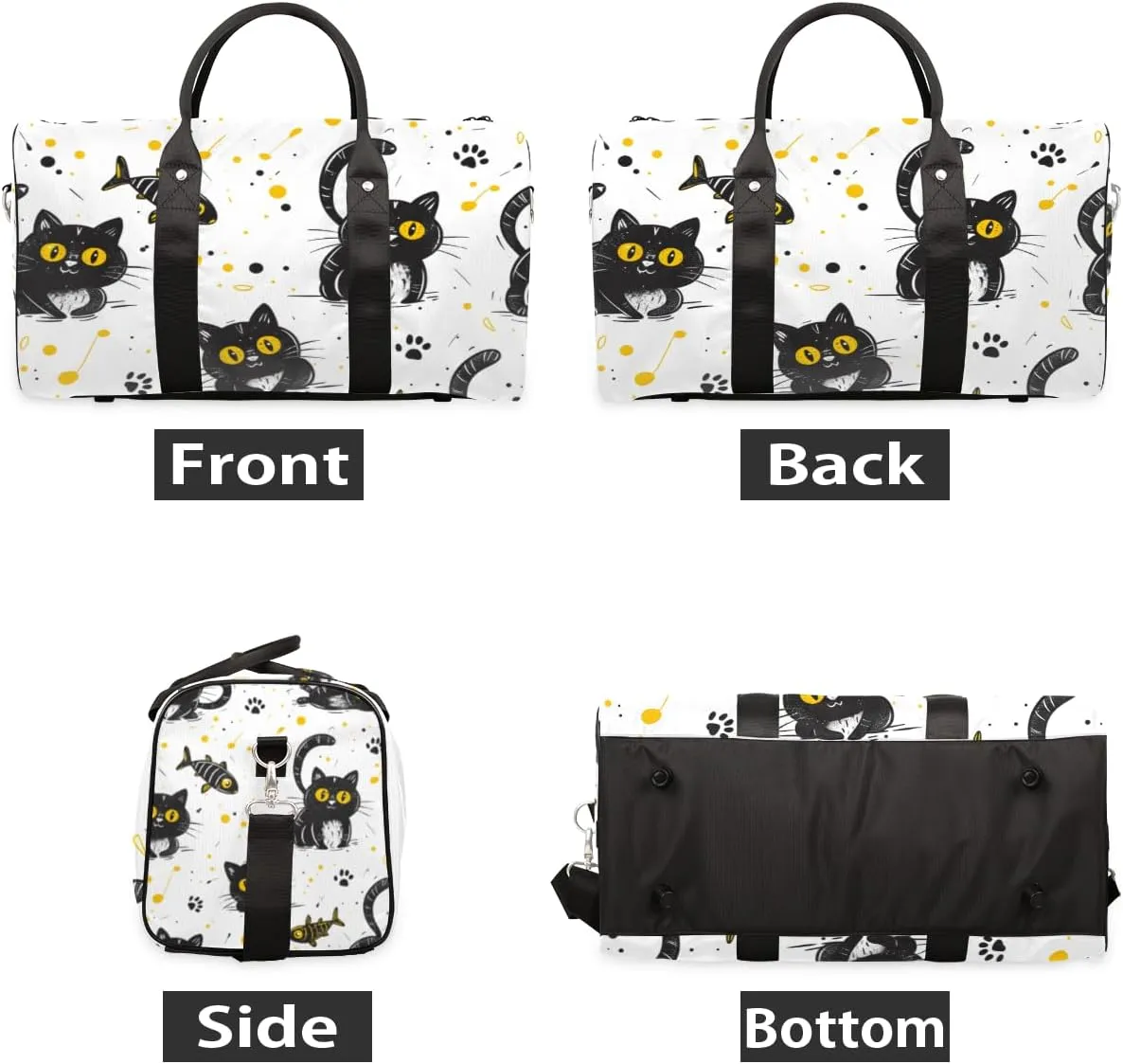Cartoon Kitten Travel Duffle Bag for Women Men Gym Duffel Foldable Bag Waterproof Weekender Fishbone Pawprint Duffle Tote