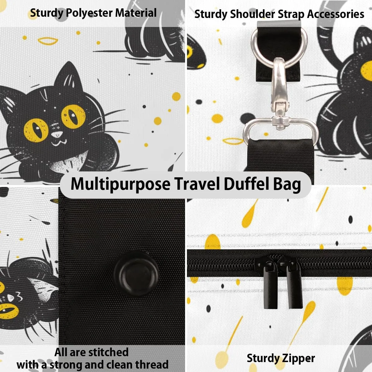 Cartoon Kitten Travel Duffle Bag for Women Men Gym Duffel Foldable Bag Waterproof Weekender Fishbone Pawprint Duffle Tote