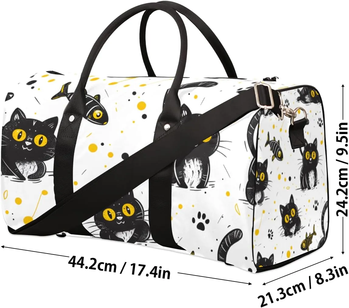 Cartoon Kitten Travel Duffle Bag for Women Men Gym Duffel Foldable Bag Waterproof Weekender Fishbone Pawprint Duffle Tote
