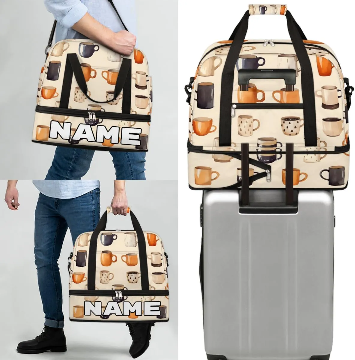 Cartoon Theme Coffee Cup Custom Foldable Duffle Bag with Shoes Compartment Personalized Large Capacity Waterproof Travel Weekender Bag Overnight Bag for Sports Gym