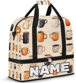 Cartoon Theme Coffee Cup Custom Foldable Duffle Bag with Shoes Compartment Personalized Large Capacity Waterproof Travel Weekender Bag Overnight Bag for Sports Gym