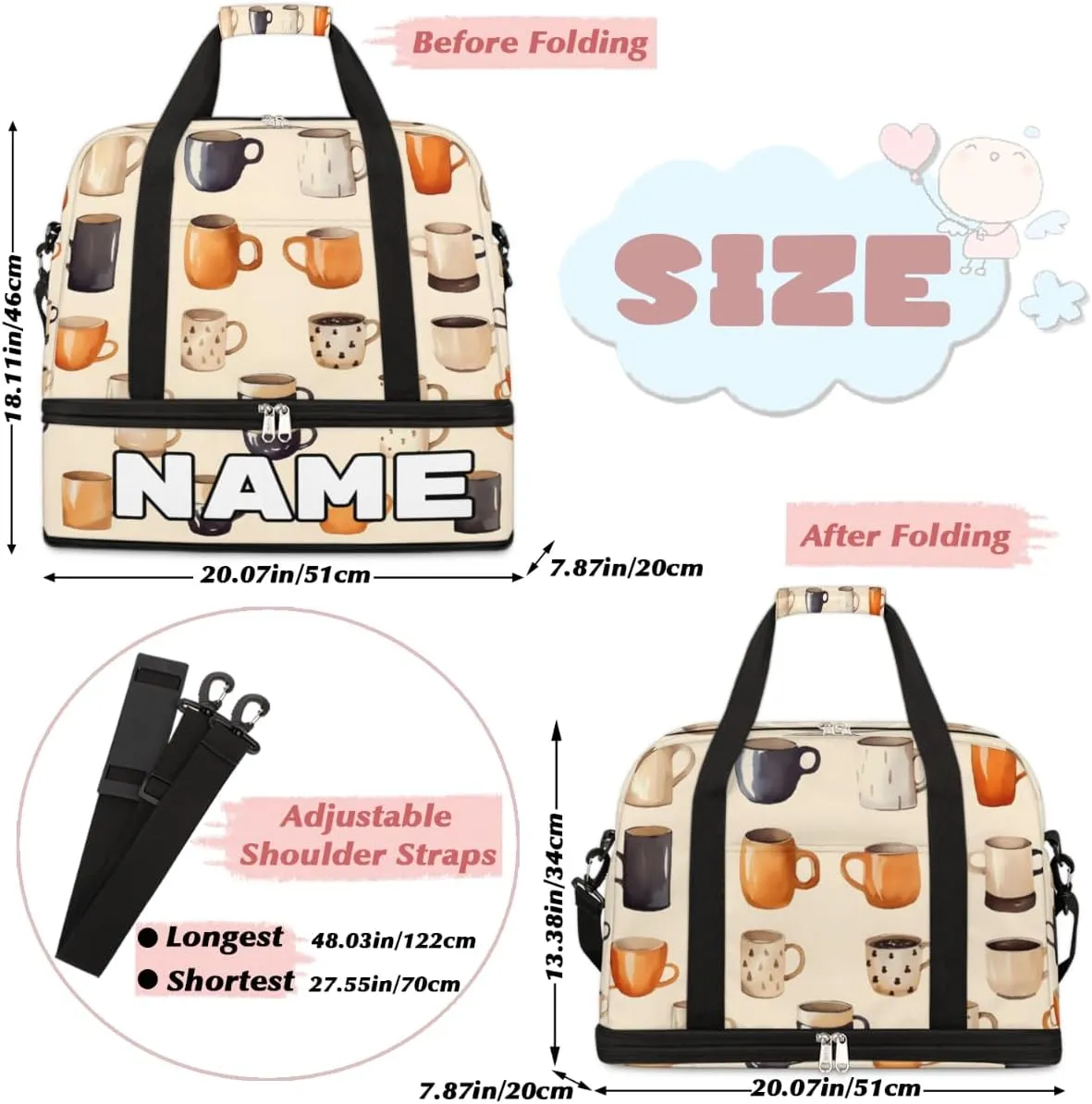 Cartoon Theme Coffee Cup Custom Foldable Duffle Bag with Shoes Compartment Personalized Large Capacity Waterproof Travel Weekender Bag Overnight Bag for Sports Gym