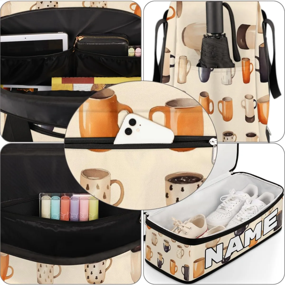Cartoon Theme Coffee Cup Custom Foldable Duffle Bag with Shoes Compartment Personalized Large Capacity Waterproof Travel Weekender Bag Overnight Bag for Sports Gym