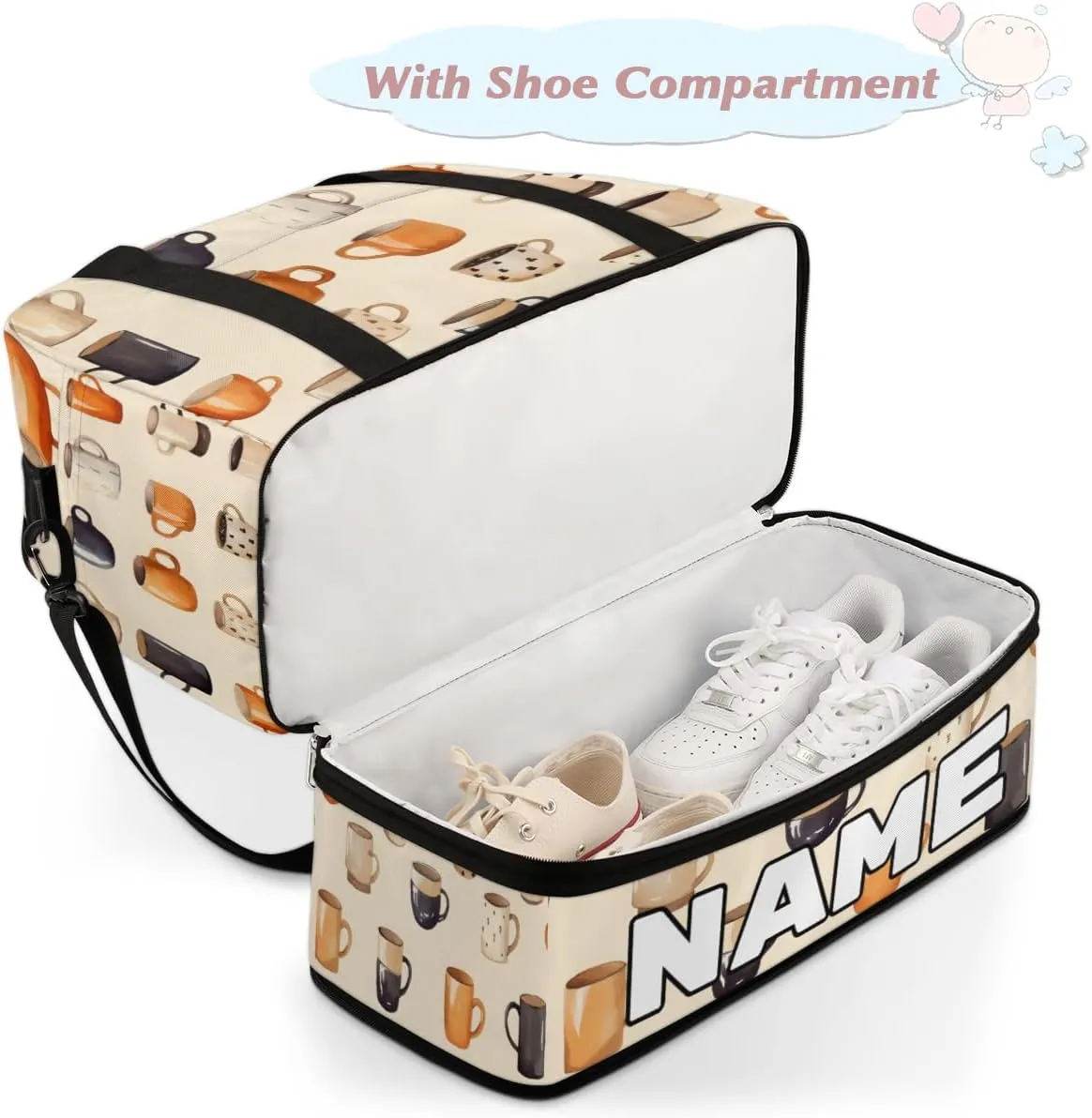 Cartoon Theme Coffee Cup Custom Foldable Duffle Bag with Shoes Compartment Personalized Large Capacity Waterproof Travel Weekender Bag Overnight Bag for Sports Gym