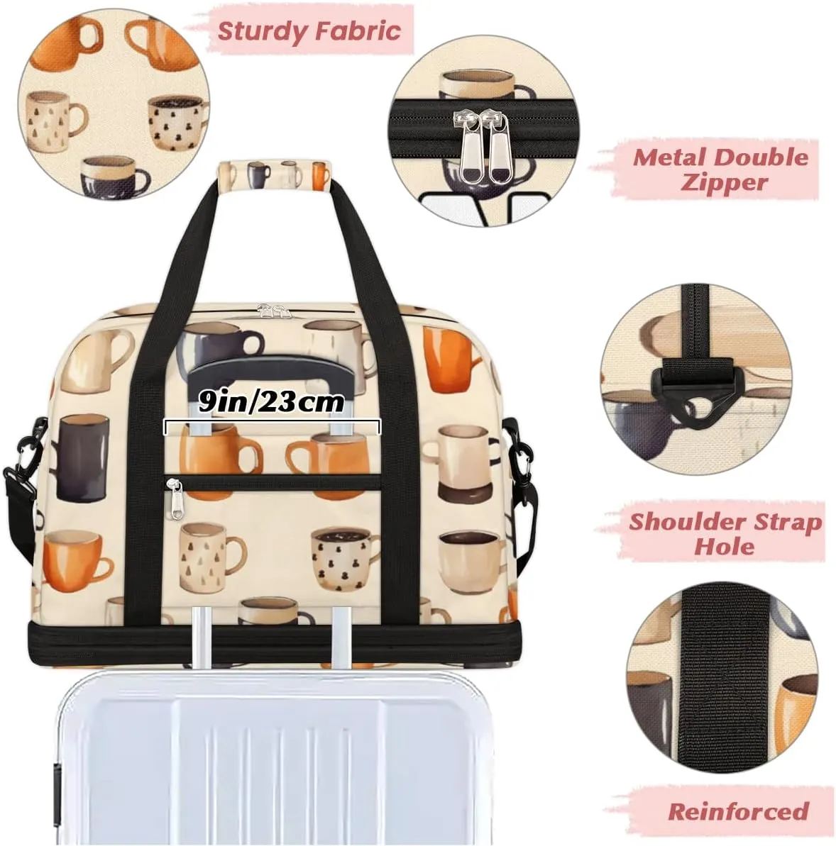 Cartoon Theme Coffee Cup Custom Foldable Duffle Bag with Shoes Compartment Personalized Large Capacity Waterproof Travel Weekender Bag Overnight Bag for Sports Gym