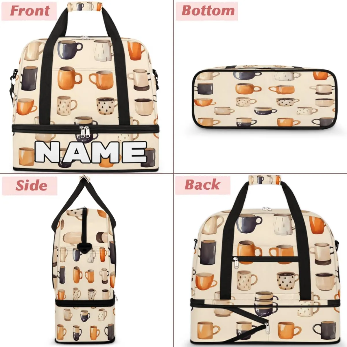 Cartoon Theme Coffee Cup Custom Foldable Duffle Bag with Shoes Compartment Personalized Large Capacity Waterproof Travel Weekender Bag Overnight Bag for Sports Gym