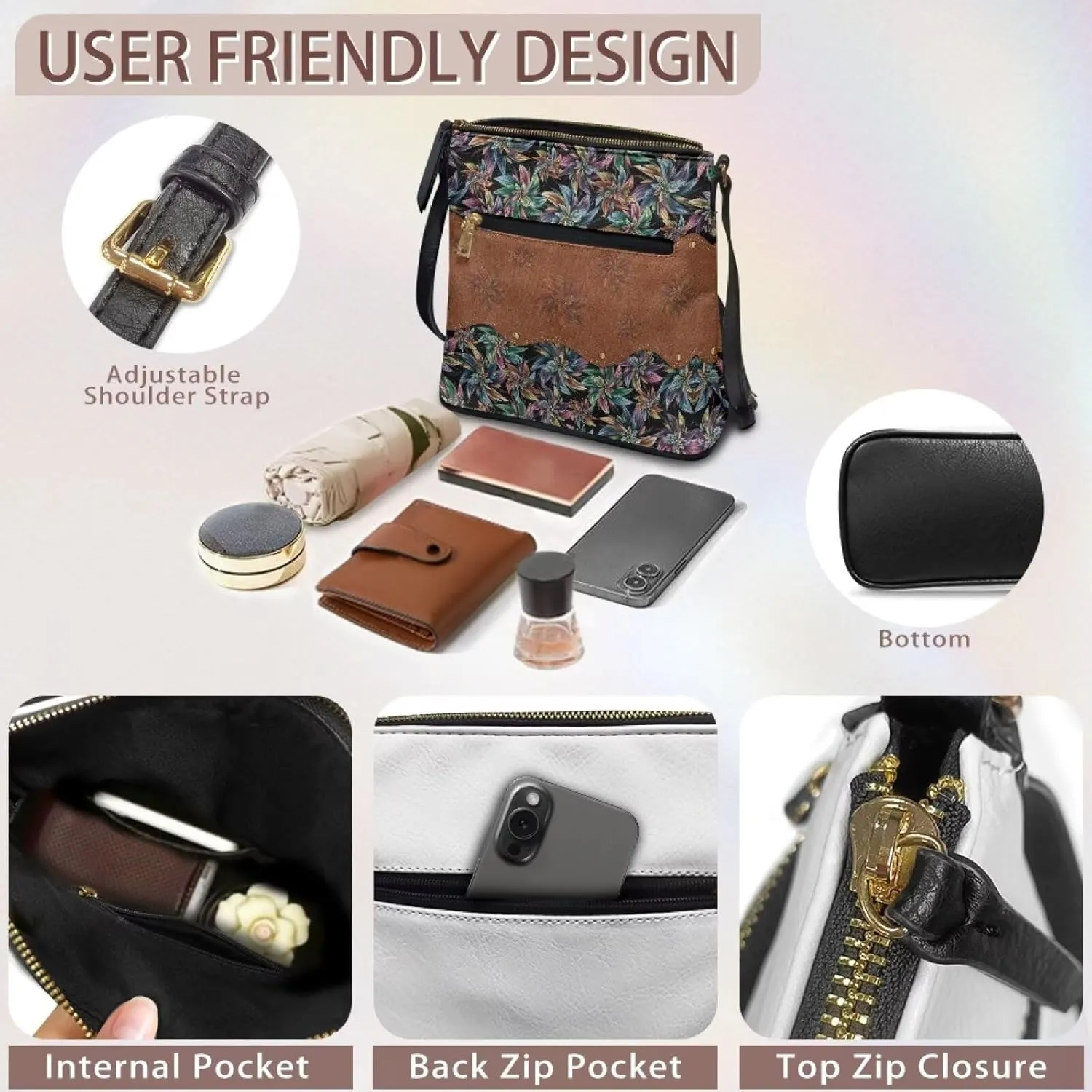 Casual Crossbody Bags for Women PU Shoulder Purse Bag Lightweight Messenger Bag with Zipper for Travel Shopping