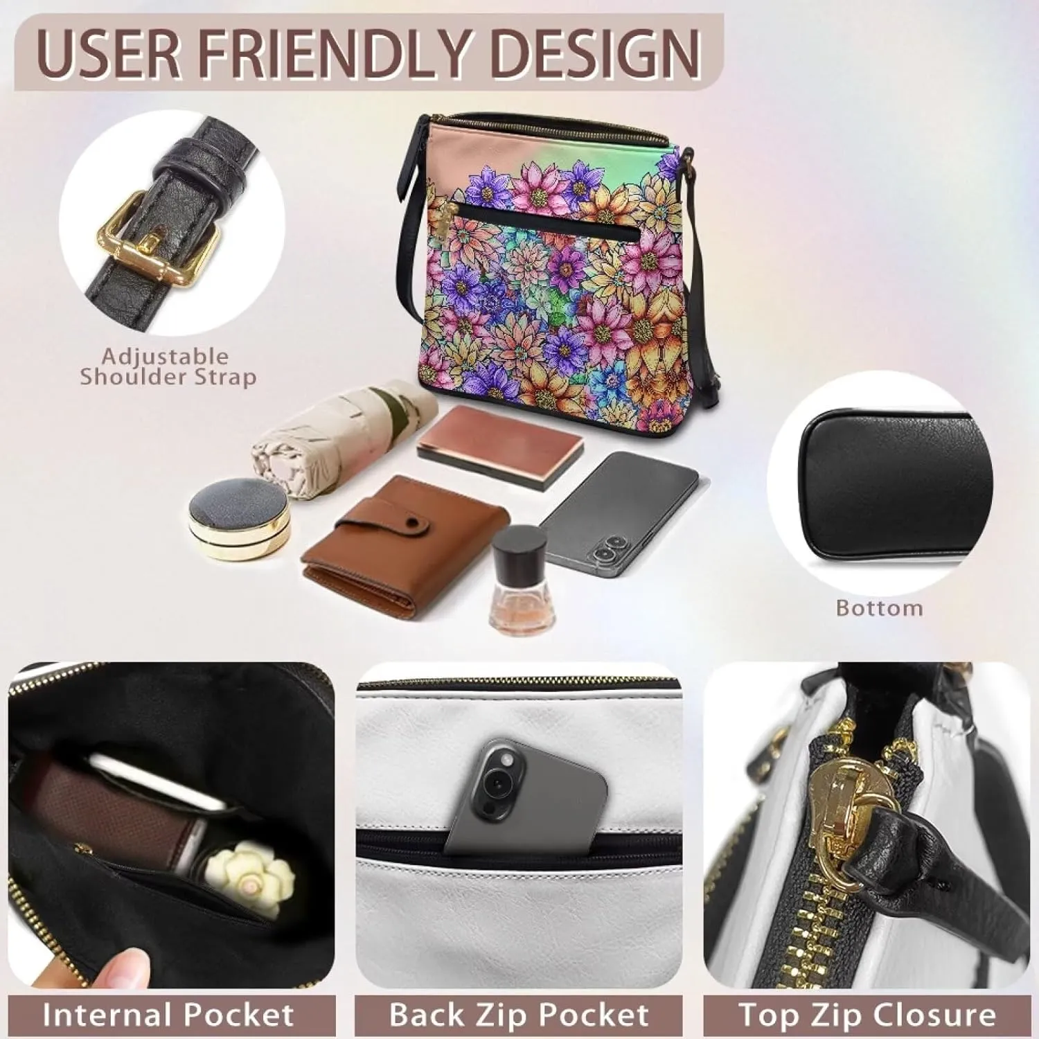 Casual Crossbody Bags for Women PU Shoulder Purse Bag Lightweight Messenger Bag with Zipper for Travel Shopping