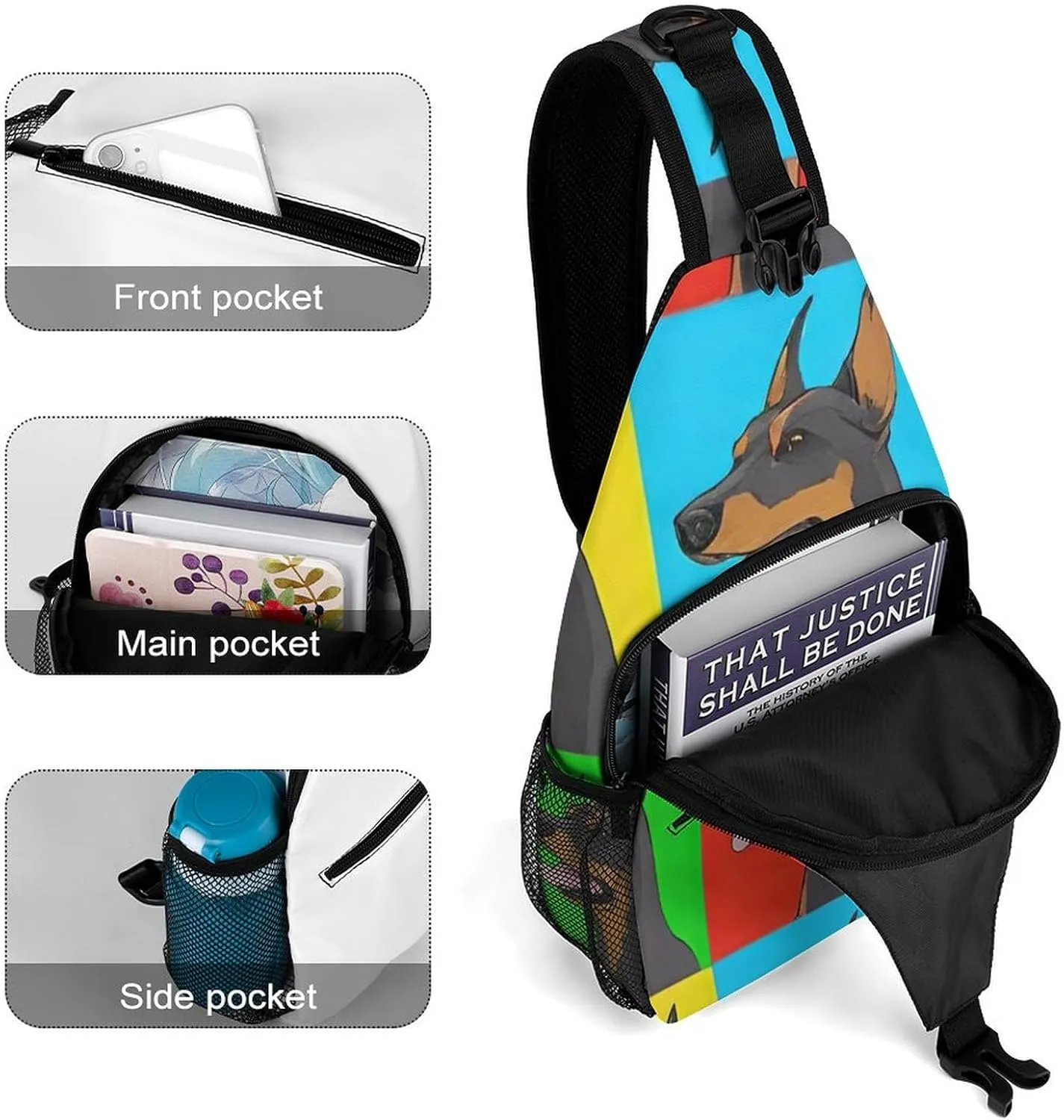 Casual Sling Bag Backpack, Daypack, Doberman Pinscher Dogs Art Shoulder Chest Crossbody Bag, Bookbag, Travel Backpack Camping Outdoor Bag for Man/Women/College