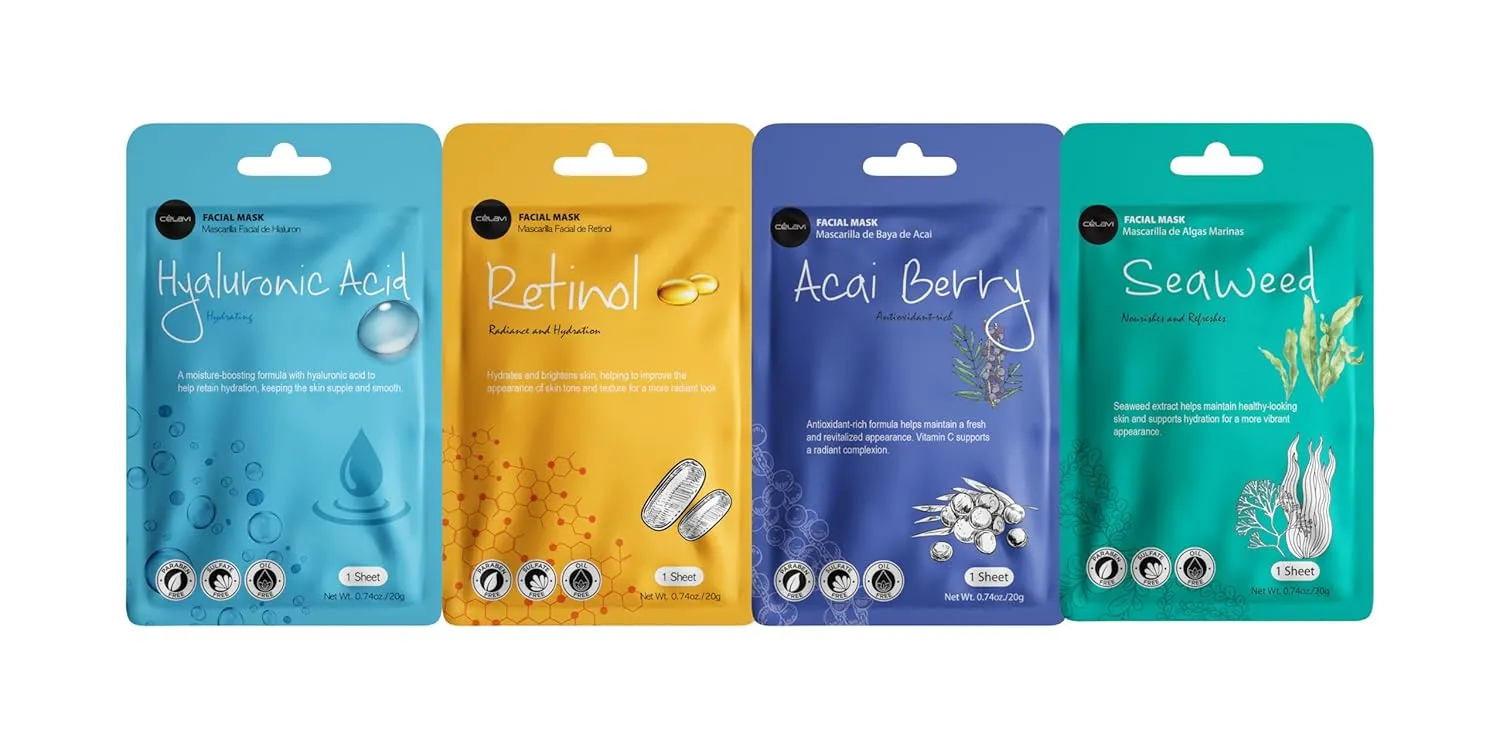 celavi Face Mask Set Korean Beauty Essence Facial Paper Sheet Mask Korea Skin Care Moisturizing 2 Packs of each 12 New flavors K-Beauty Skincare 24 masks in a pack Made in Korea