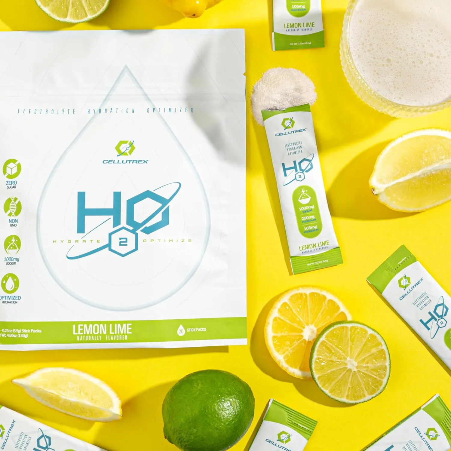 Cellutrex® H2O Electrolytes - Lemon Lime | Zero Sugar Electrolyte Powder Drink Mix | Natural Salt, Non-GMO Electrolytes for Workouts, Fasting, Wellness, and Travel | 20 Easy-Open Stick Packs
