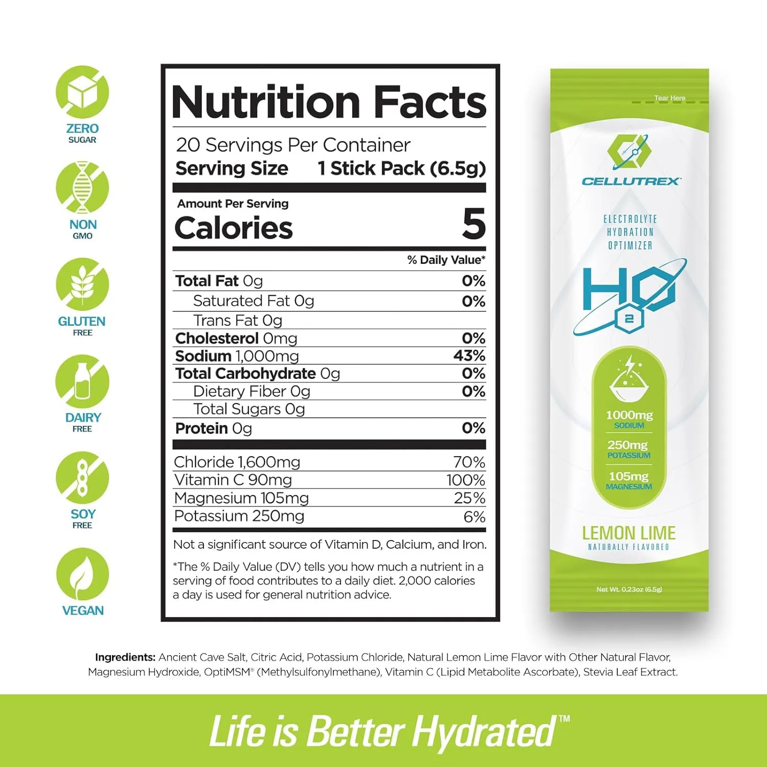 Cellutrex® H2O Electrolytes - Lemon Lime | Zero Sugar Electrolyte Powder Drink Mix | Natural Salt, Non-GMO Electrolytes for Workouts, Fasting, Wellness, and Travel | 20 Easy-Open Stick Packs