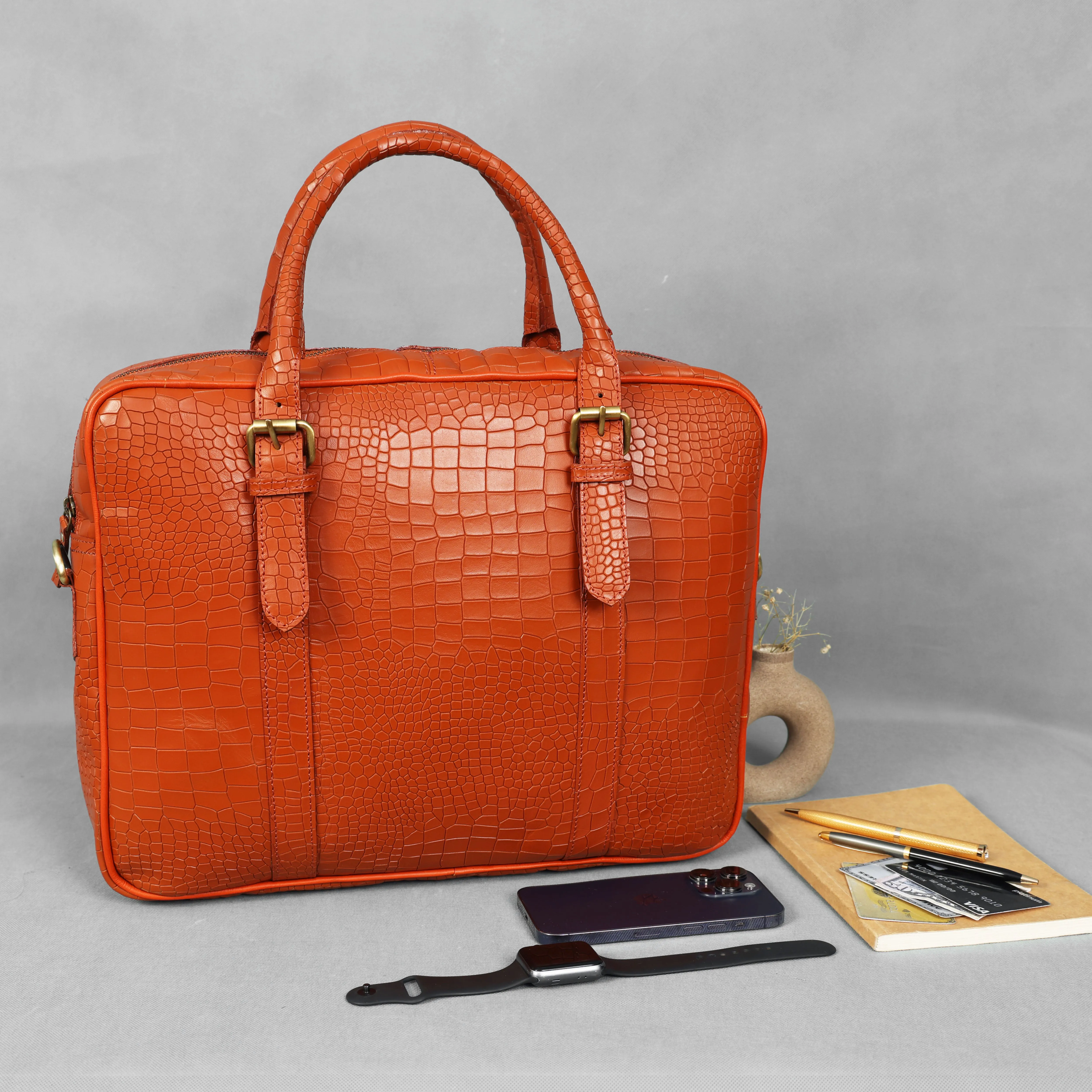 Celtic croco texture pure leather laptop bag for office use with holdall and shoulder strap,  Art: BG-1701