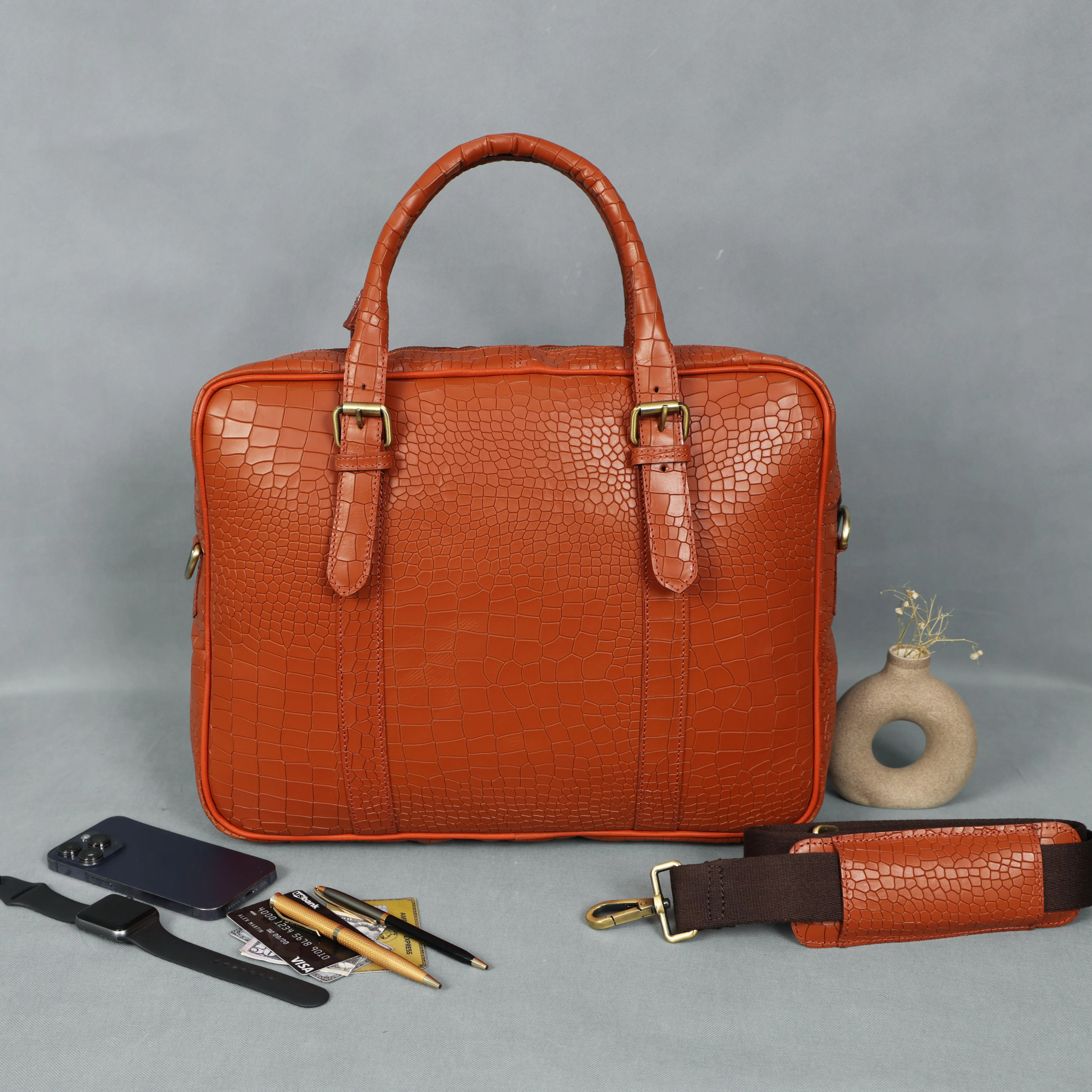 Celtic croco texture pure leather laptop bag for office use with holdall and shoulder strap,  Art: BG-1701