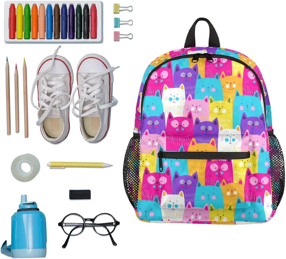 cfpolar Cat Backpack for Girls, Colorful Kitten Waterproof 12 In Kids Toddler Backpack Casual Daypack Kindergarten Preschool Bookbag Travel Bag Snack Bag for Children Back to School