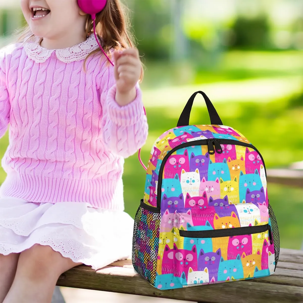 cfpolar Cat Backpack for Girls, Colorful Kitten Waterproof 12 In Kids Toddler Backpack Casual Daypack Kindergarten Preschool Bookbag Travel Bag Snack Bag for Children Back to School