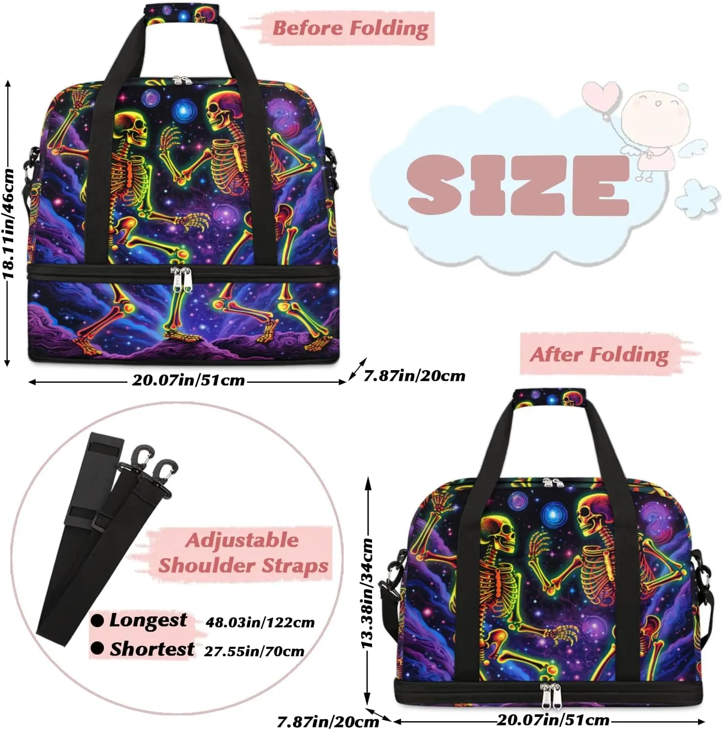 cfpolar Woman Travel Duffel Bag Cosmic Galaxy Skull Foldable Tote Carry On Luggage Sports Gym Bag With Shoe Compartment Overnight Weekend Yoga Workout Bag Training Handbag