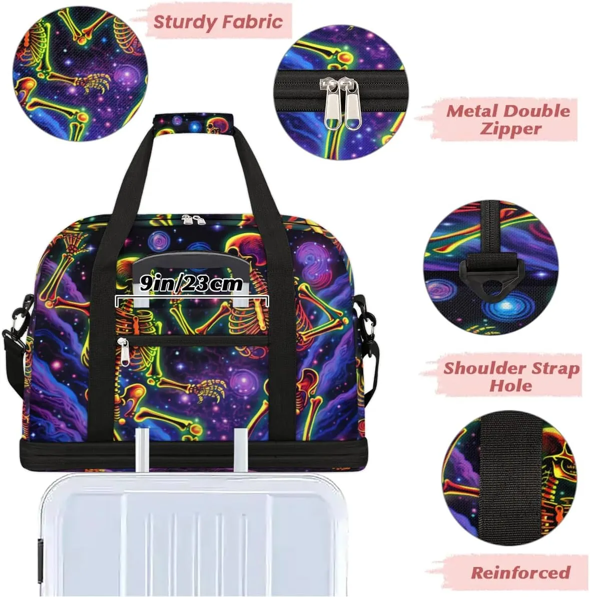 cfpolar Woman Travel Duffel Bag Cosmic Galaxy Skull Foldable Tote Carry On Luggage Sports Gym Bag With Shoe Compartment Overnight Weekend Yoga Workout Bag Training Handbag