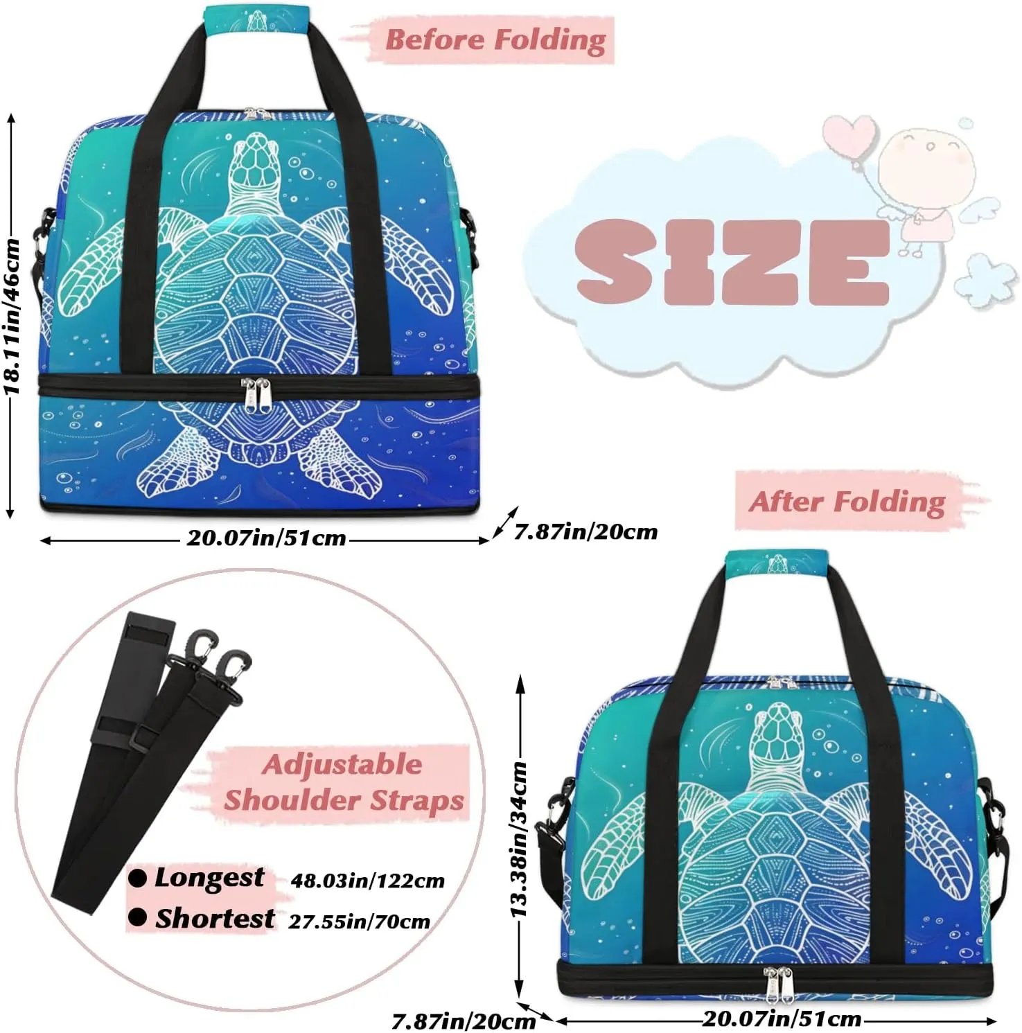 cfpolar Woman Travel Duffel Bag Ocean Turtle Foldable Tote Carry On Luggage Sports Gym Bag With Shoe Compartment Overnight Weekend Yoga Workout Bag Training Handbag