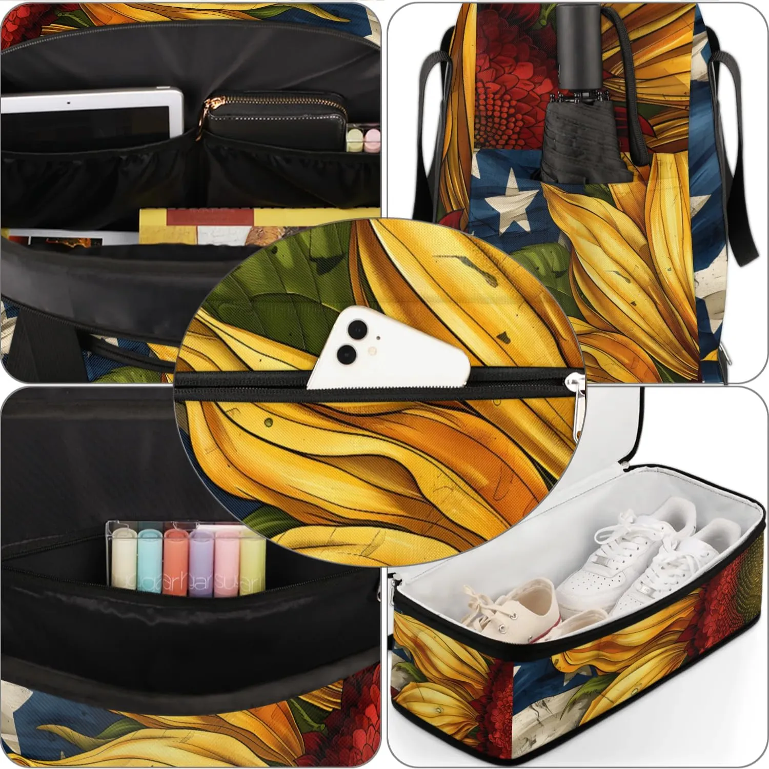 cfpolar Woman Travel Duffel Bag Sunflower American Flag Foldable Tote Carry On Luggage Sports Gym Bag With Shoe Compartment Overnight Weekend Yoga Workout Bag Training Handbag