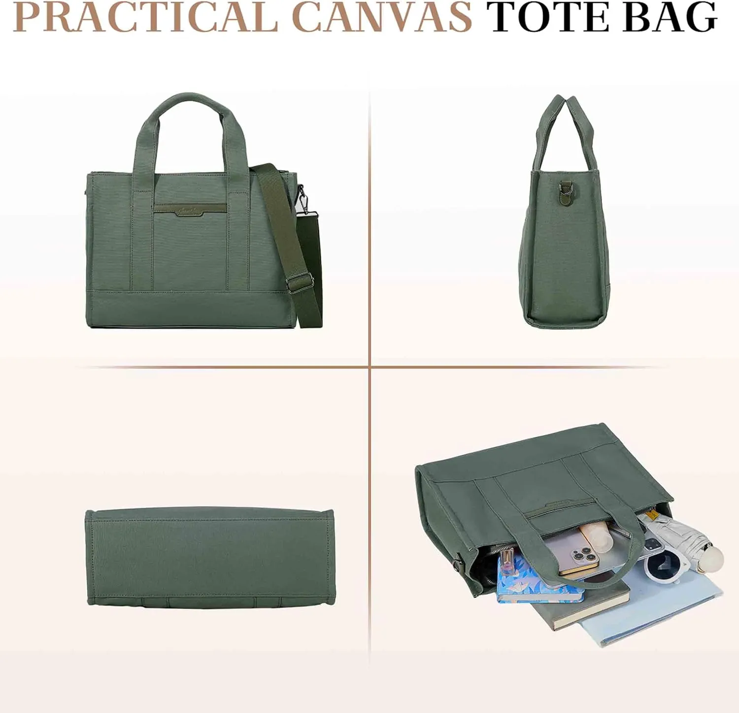 Chase Chic Canvas Tote Bag with Zipper for Women, Multi Pocket Shoulder Crossbody Handbag Bag with Compartments for Work