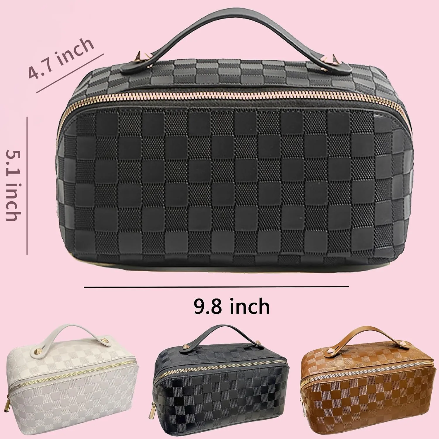 Checkered Makeup Bag Large Cosmetic Bag PU Leather Makeup Bag For Women Girls Travel Toiletry Bag With Handle Divider Large Opening Metal Zipper Cosmetic Bag (checkered black)
