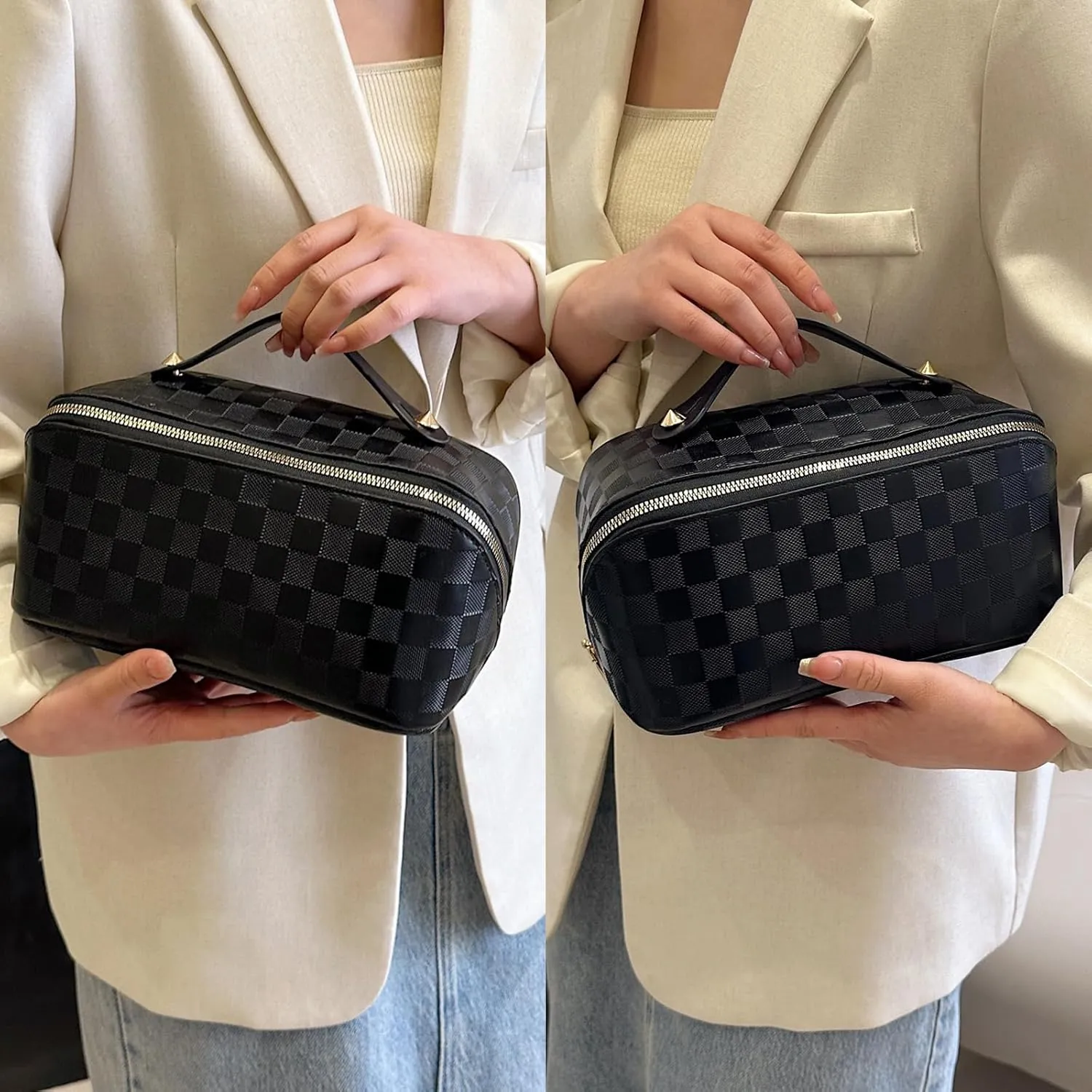 Checkered Makeup Bag Large Cosmetic Bag PU Leather Makeup Bag For Women Girls Travel Toiletry Bag With Handle Divider Large Opening Metal Zipper Cosmetic Bag (checkered black)