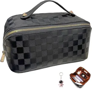 Checkered Makeup Bag Large Cosmetic Bag PU Leather Makeup Bag For Women Girls Travel Toiletry Bag With Handle Divider Large Opening Metal Zipper Cosmetic Bag (checkered black)