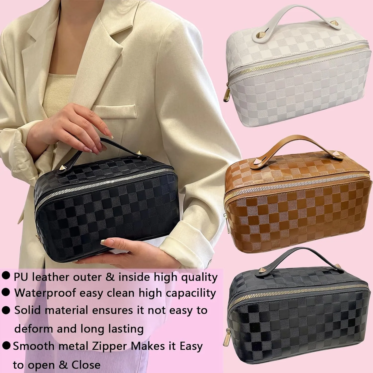 Checkered Makeup Bag Large Cosmetic Bag PU Leather Makeup Bag For Women Girls Travel Toiletry Bag With Handle Divider Large Opening Metal Zipper Cosmetic Bag (checkered black)
