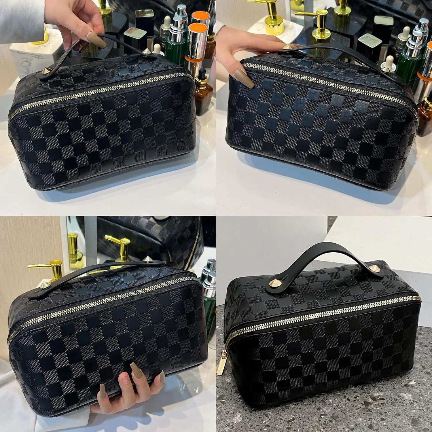 Checkered Makeup Bag Large Cosmetic Bag PU Leather Makeup Bag For Women Girls Travel Toiletry Bag With Handle Divider Large Opening Metal Zipper Cosmetic Bag (checkered black)